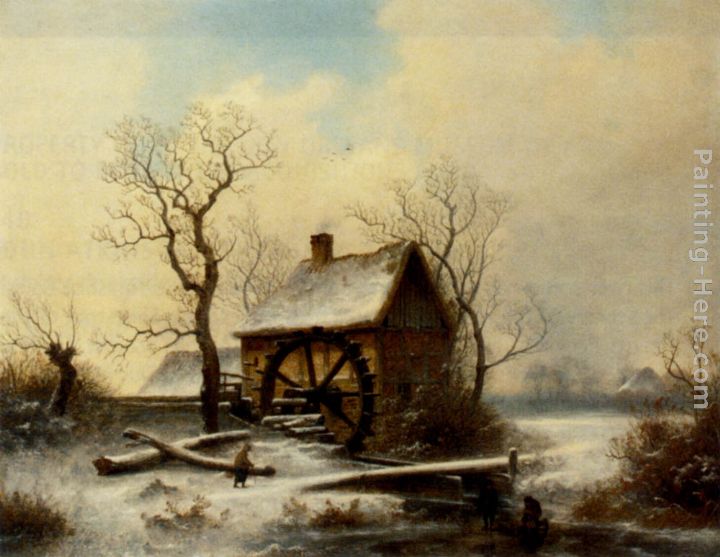 The mill in winter painting - George Augustsus Williams The mill in winter art painting